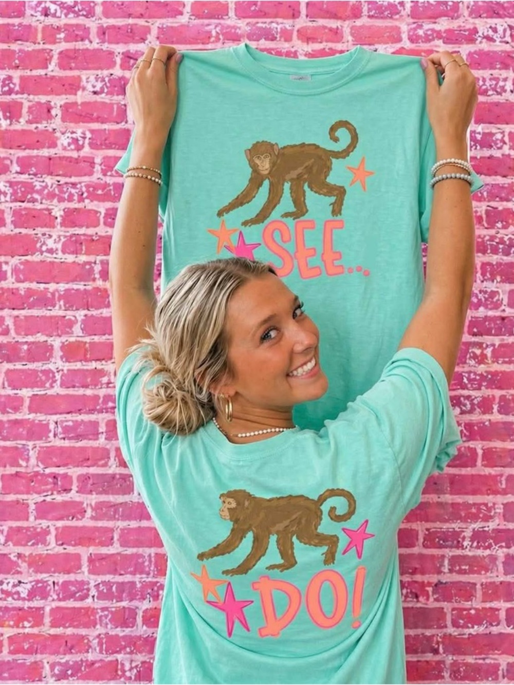 Mint Green Comfort Colors Monkey See Monkey Do Graphic Tshirt Small-XL